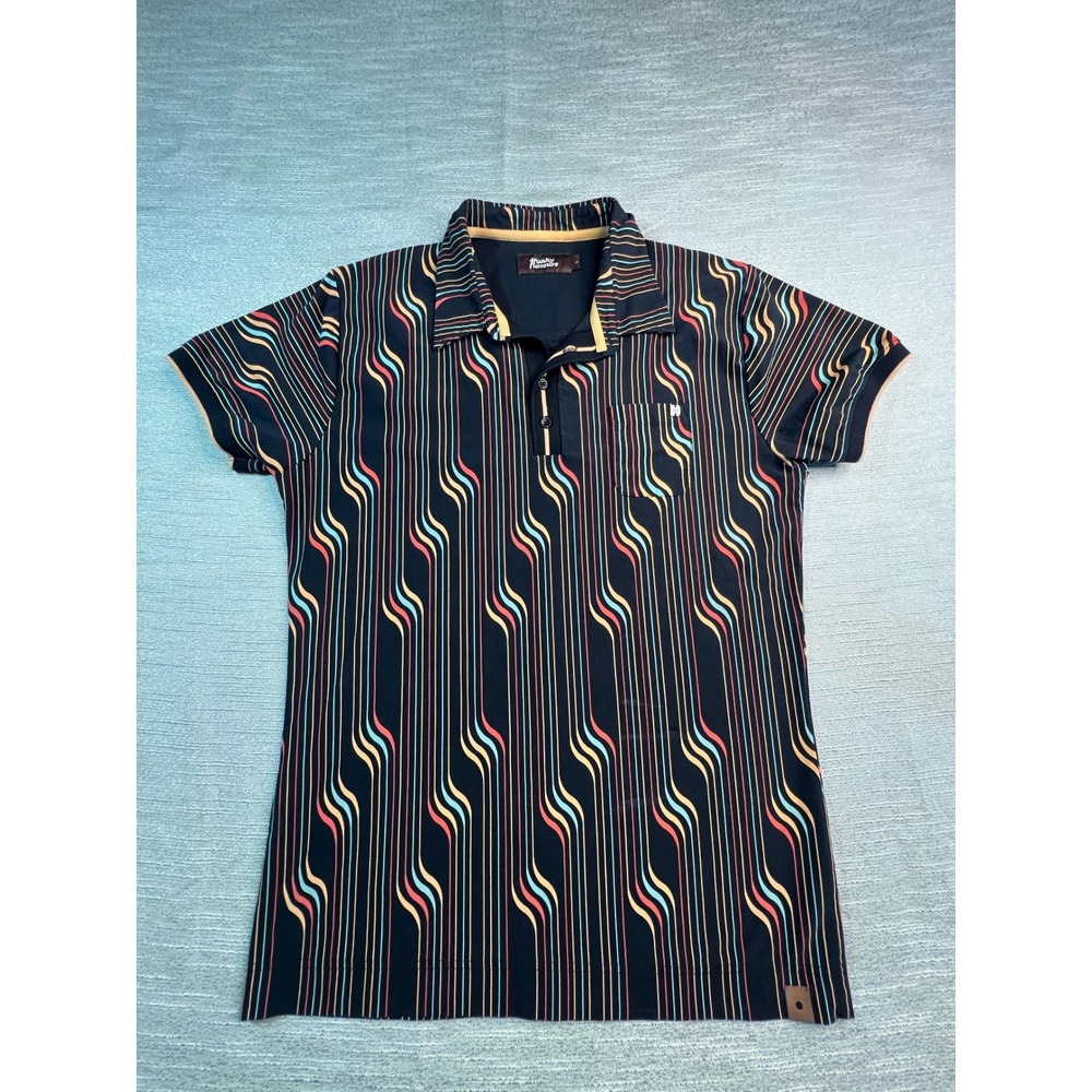 4FunkyFlavours Mens Retro Wavy Stripe Polo Shirt Black Multi Color Large